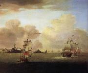 British men-o-war and a merchantman off Elizabeth Castle,Jersey Monamy, Peter